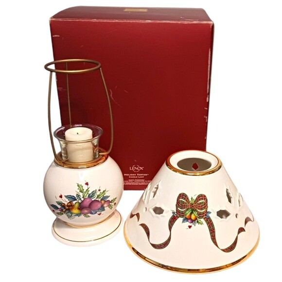 Lenox Holiday Tartan Candle Lamp Holly Leaves Gold Rim Christmas Gift # 6238752 - Picture 3 of 7